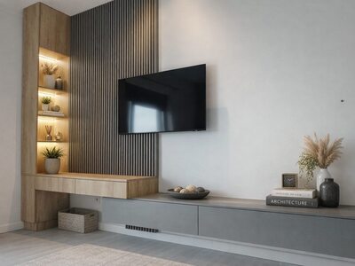 Mobilă living la comandă din lemn natural cu panou riflat, rafturi iluminate cu LED și comodă TV cu sertare gri