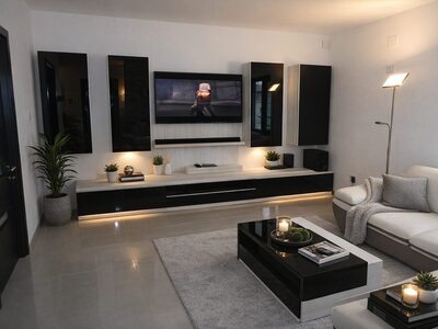 Mobilă living la comandă neagră lucios cu comodă TV suspendată, panouri decorative și iluminare LED ambientală