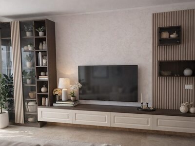 Mobilă living la comandă maro cu vitrină, rafturi deschise și comodă TV suspendată cu fronturi albe și panouri riflate
