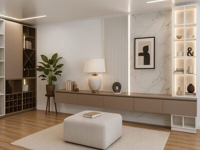 Mobilă living la comandă taupe cu comodă TV suspendată, panou din marmură albă, rafturi iluminate și loc pentru sticle de vin