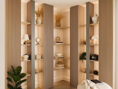 Mobilă living la comandă tip bibliotecă pe colț din lemn deschis cu panouri riflate și rafturi deschise pe toată înălțimea