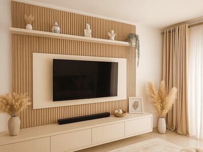 Mobilă living la comandă crem cu panou riflat din lemn, raft flotant și comodă TV suspendată cu sertare