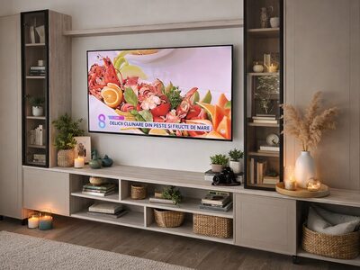 Mobilă living la comandă din lemn deschis cu vitrină, rafturi laterale și comodă TV cu compartimente deschise
