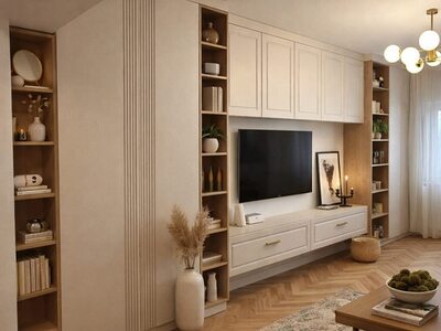 Mobilă living la comandă albă cu dulap înalt riflat, rafturi laterale deschise din lemn și comodă TV cu sertare