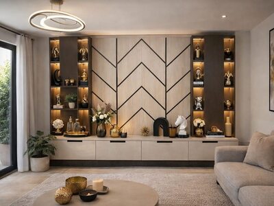 Mobilă living la comandă din lemn cu panou central în chevron, rafturi iluminate cu LED și comodă joasă cu sertare