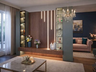 Mobilă living la comandă din lemn nuc cu panou riflat iluminat, vitrină laterală și comodă TV cu sertare