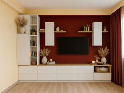 Mobilă living la comandă albă cu comodă TV joasă, sertare multiple, rafturi înalte și dulapuri suspendate pe perete roșu