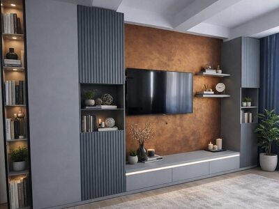 Mobilă living la comandă gri antracit cu panouri riflate, bibliotecă iluminată, rafturi deschise și comodă TV joasă